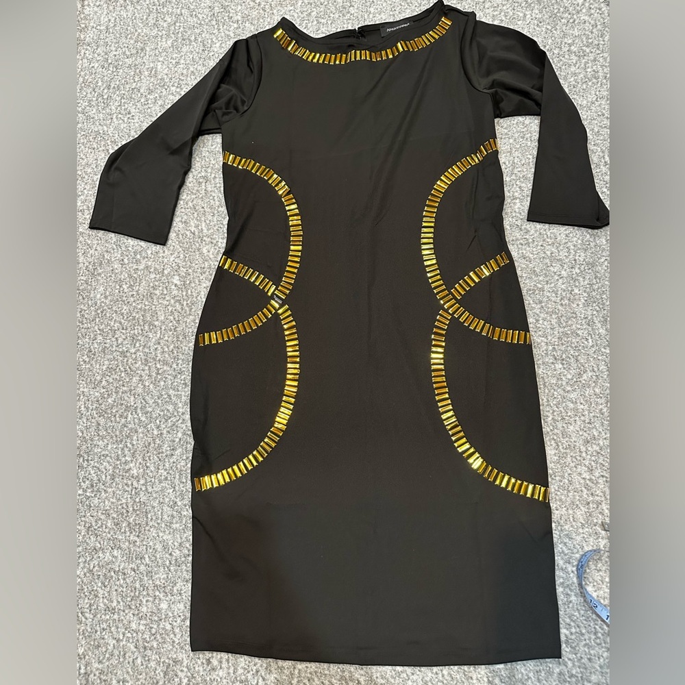 Ashley Stewart Black Body Con Dress with Gold Accents, Ladies 14/16 NWT